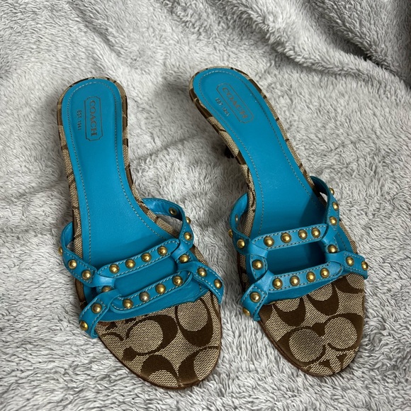 Coach Shoes - Women’s Candice 90s Studded Turquoise Leather Kitten Heel Sandals Size 9B